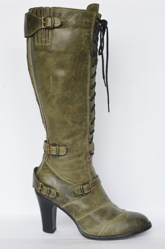 Belstaff Junglemaster Leather Olive Green High Heel Zip Boots EU 37 UK 4