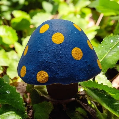 Blue & Yellow Concrete Statue Mushroom Handcrafted & Painted - Image 1 of 4