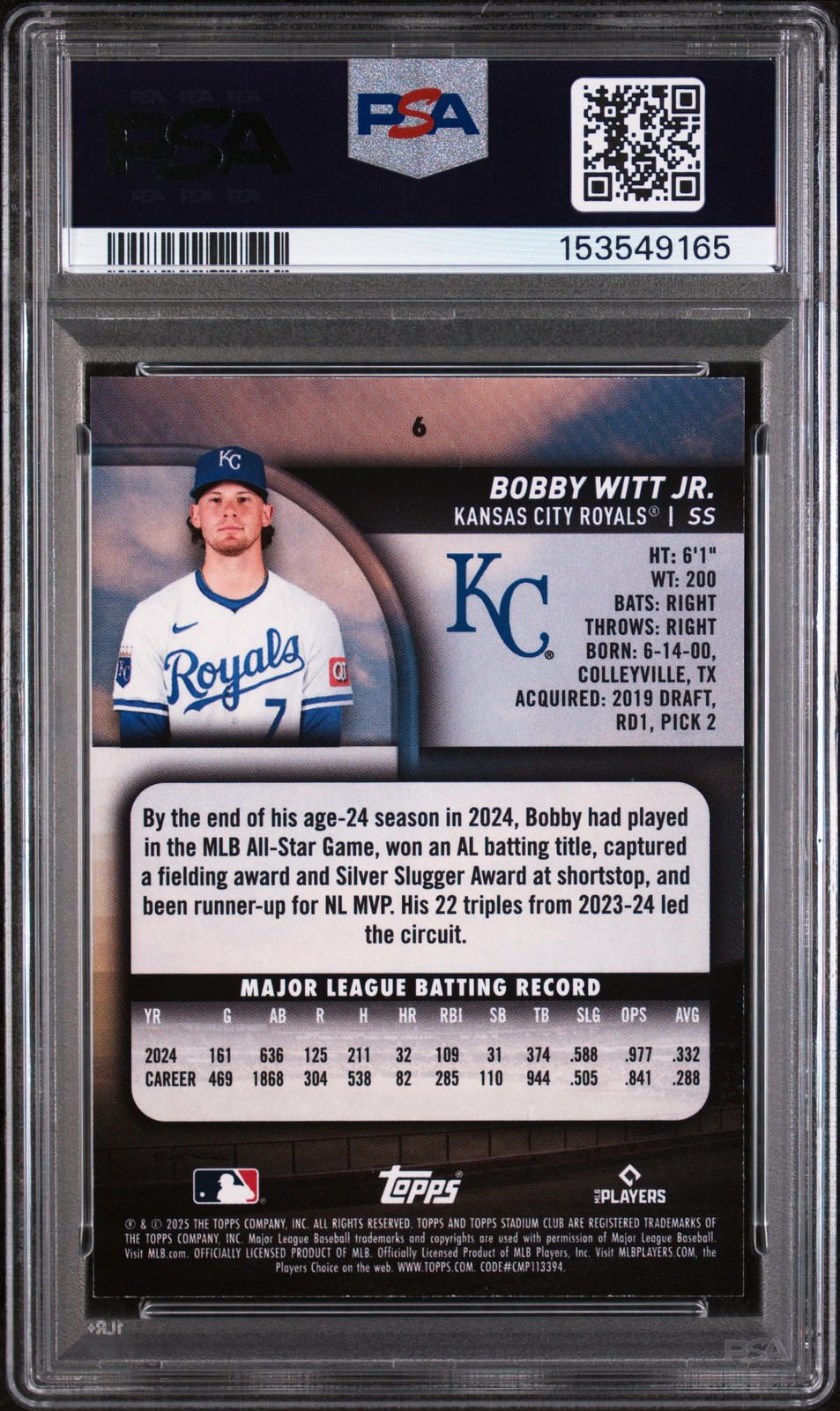 2025 TOPPS STADIUM CLUB BLUE #6 BOBBY WITT JR. PSA 8 view 2