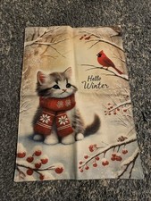 Hello Winter Cat And Cardinal Garden Flag Burlap Doulble Sided 12  x18  