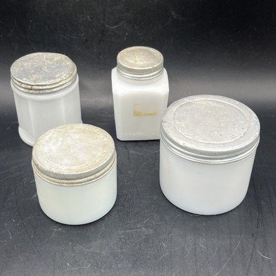 Set Of 4 Antique White Milk Glass Vanity Jars W/ Metal Lids Hazel Atlas, Larkin
