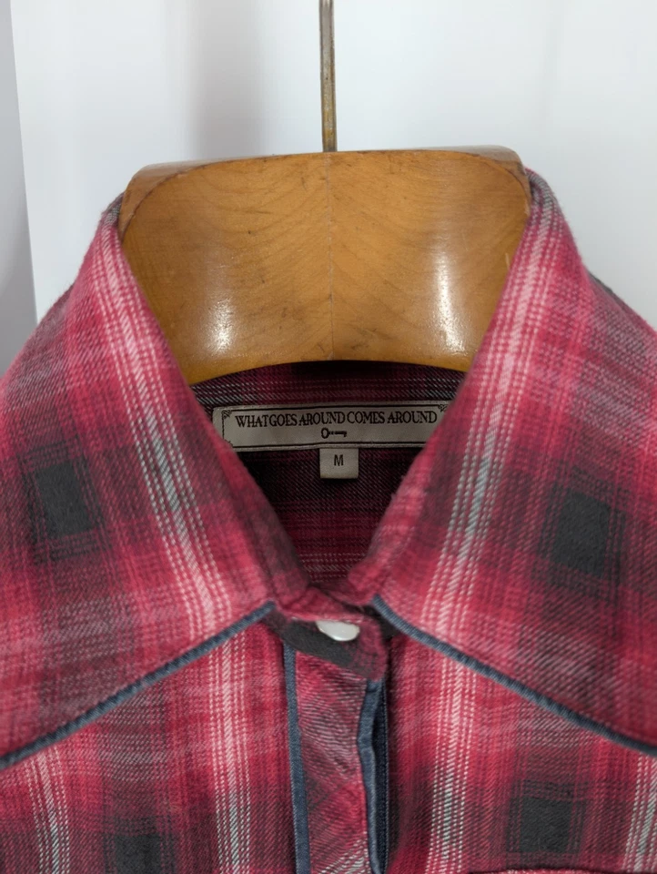 What Goes Around Comes Around 粉色红色法兰绒西部 Snap 衬衫 M 牛仔格子 — 第 4/4 张图片