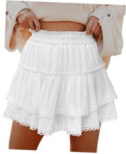 Women's Ruffle Tiered Mini Skirts Embroidered Crochet Flowy Boho Small White