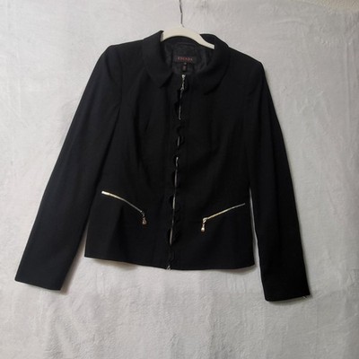 Escada Jacket Womens 38 Black Virgin Wool Ruffle Zip Blazer Made in Croatia