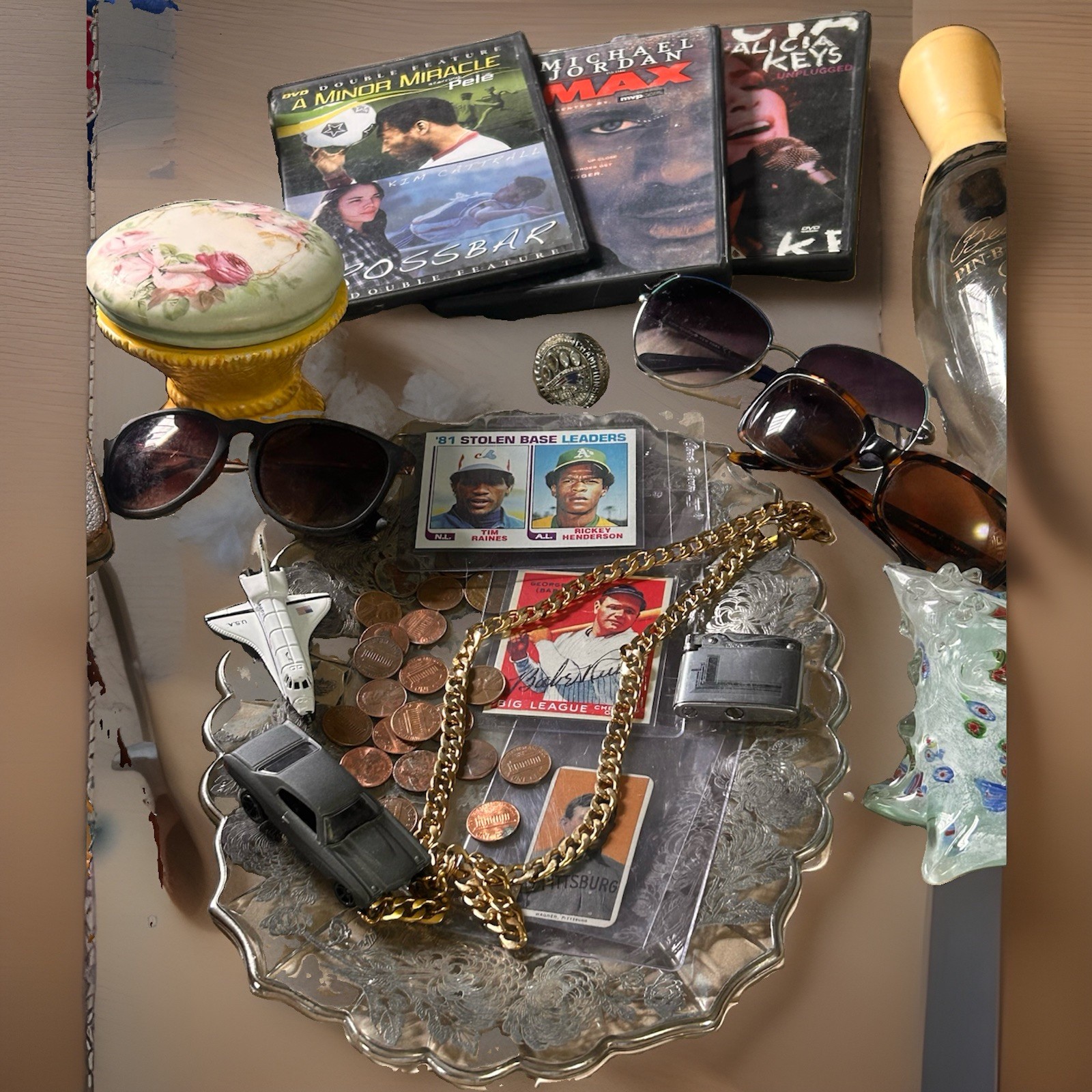 Vintage Junk Drawer Lot Baseball Cards Coins DVDs Sunglasses Collectibles READ