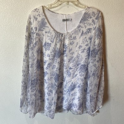 Elena Baldi  Sheer Silk Overlay Blue Floral Blouse Size 2X Women's White