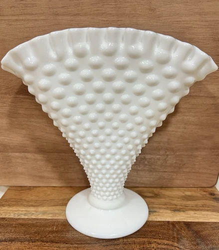 Vintage FENTON Milk Glass Hobnail Fan Vase Ruffled Edge 8" Tall MCM
