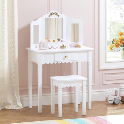 Girls Makeup Vanity Set with Mirror & Stool - Kids Dressing Table with Drawer