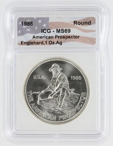 1986 Engelhard American Prospector Silver Round ICG MS69 S$1 Silver Round