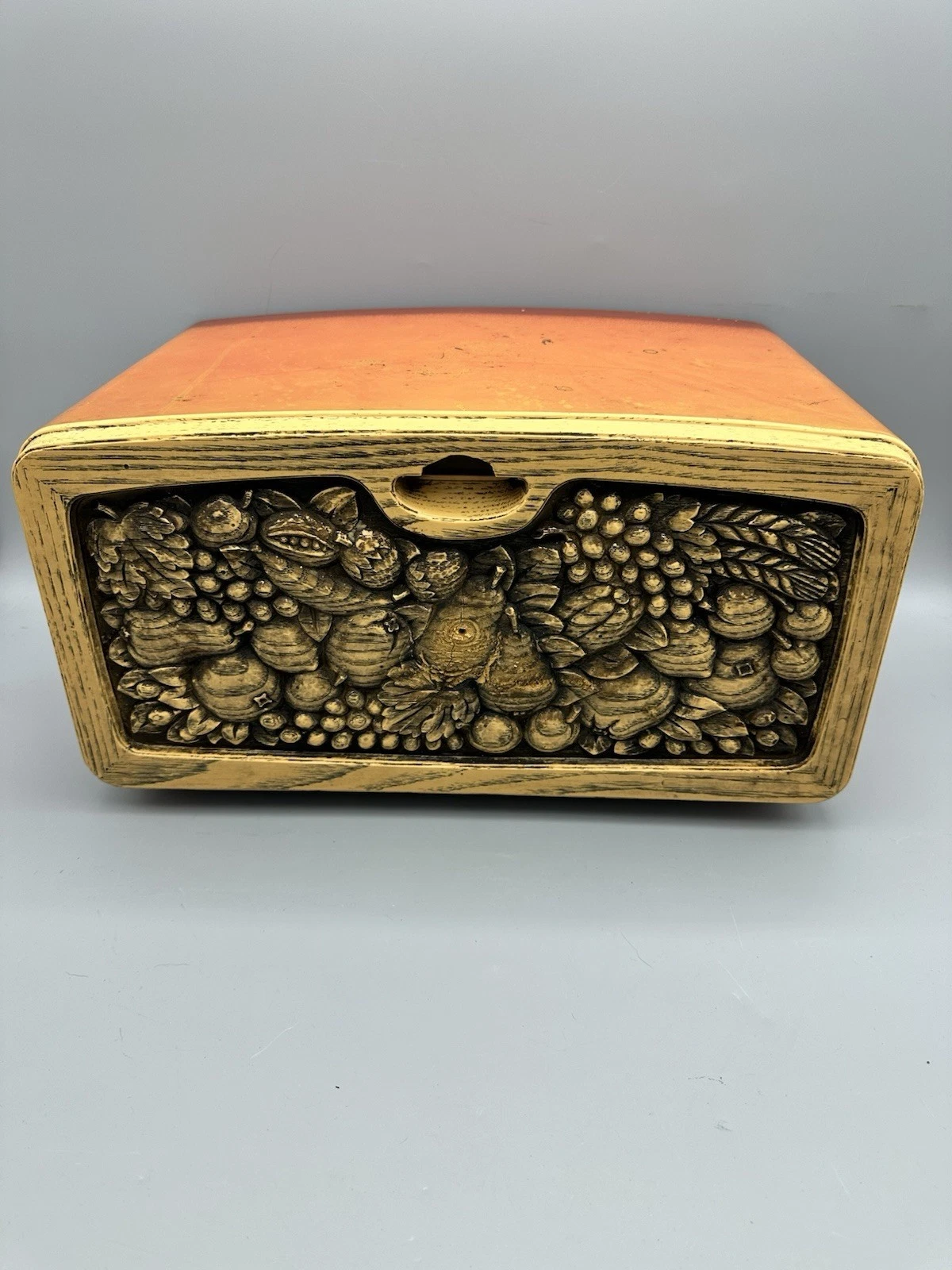 Vintage Burnt Orange Bread Box Faux Wood Carved Fruit Motif Prop 1960’s 1970’s