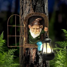 Halloween Garden Gnome Statue, Tree Faces Decor Outdoor with Solar Lantern