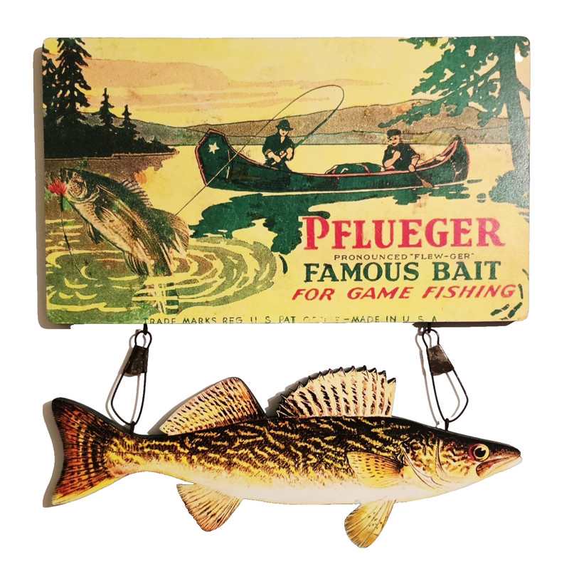 PFLUEGER ~ FAMOUS BAIT ~ For Game Fishing ~ LURE Box Sign w Walleye