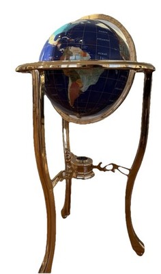 36'' Tall Blue Lapis Gemstone World Globe with Tripod Gold Floor Stand.
