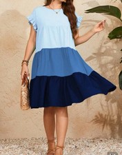 Shein Women's L Blue Color Block Flounce Sleeve Ruffle Hem Dress