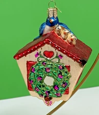 Old World Christmas Blown Glass OWC Bluebird Birdhouse with Wreath on the Door