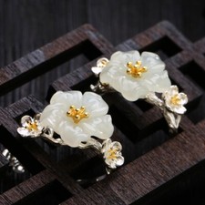 Natural Jade Flower Earrings Real Jewelry 925 Silver Vintage Designer Ear Stud