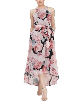 slim fit dress slacks SL Fashions Petite Floral-print High-Low Dress - Navy Multi main image 1
