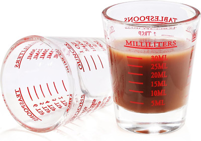 Shot Glass Measuring Cup 2-Pack   1oz/30ml/TBS/TSP Markings, Thick Base Glass
