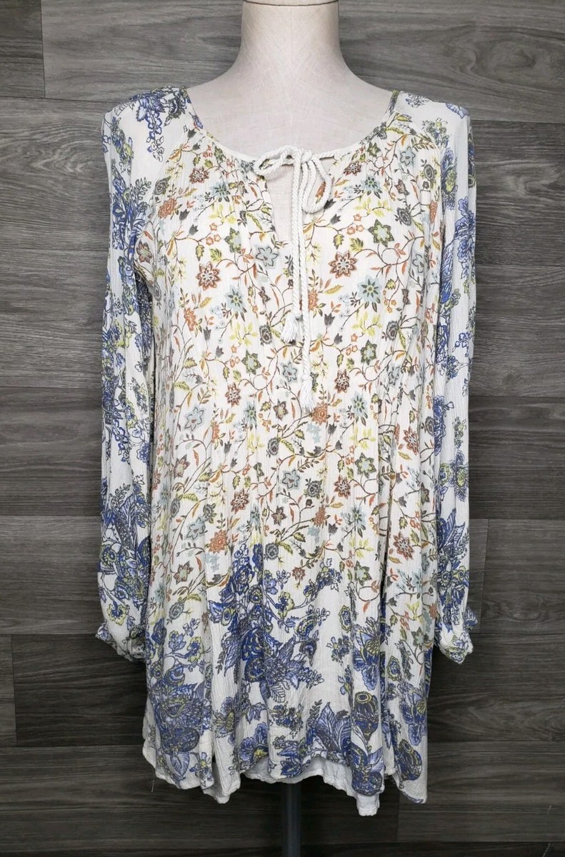 Free People Mixed Print Floral Tie Neck Peasant Boho Top S | eBay