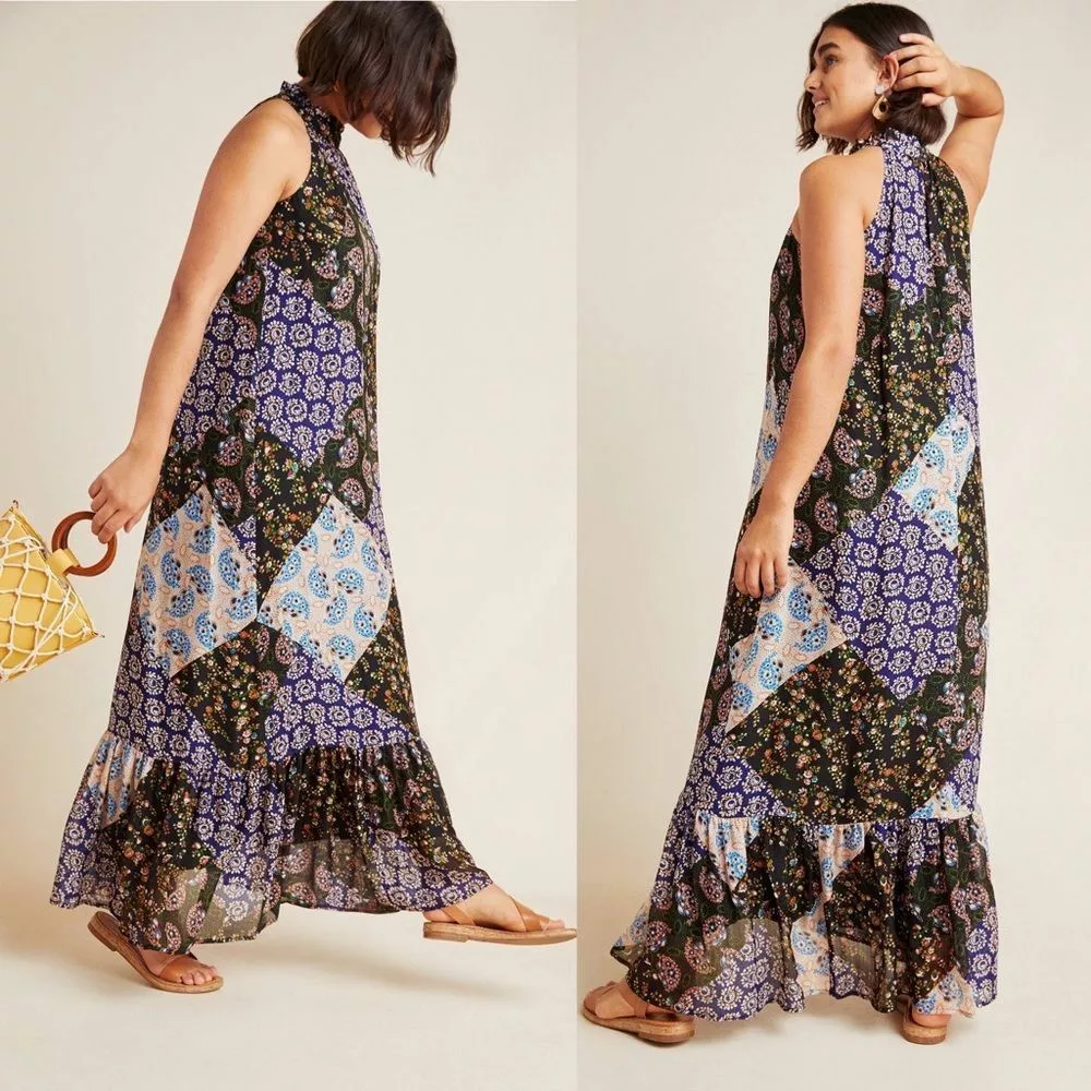 Anthropologie Patchwork Maxi Dress Maeve Size XS Bohemian Hippie Blue Purple eBay