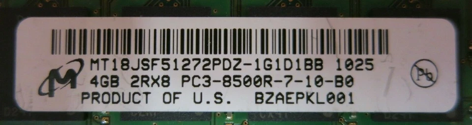 Micron MT18JSF51272PDZ-1G1D1BB CT51272BB1067 8GB 2x4GB PC38500 DDR3 ECC CL7 240P - Image 3 of 4