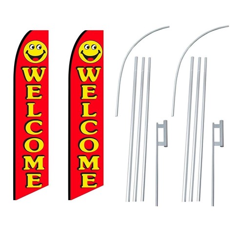 Willkommen rot gelb Smiley Swooper Flatterfeder Flagge | 3 Fuß breit x 11,5 Fuß hoch - Bild 3 von 3