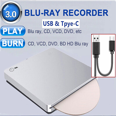 4K BD Burner External USB Slot In DVD RW CD Writer Portable Drive Silver