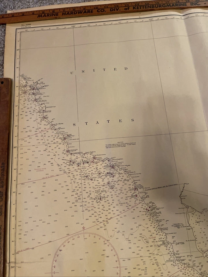 Cool Antique Nautical Chart – Pacific Coast USA & Baja Mexico Made In USA 1945!￼ - Image 3 of 4