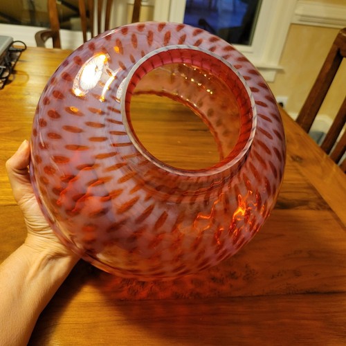 Antique Cranberry Opalescent Coin Dot Glass Hanging/Oil Lamp Shade 11" BEAUTY - Picture 11 of 13