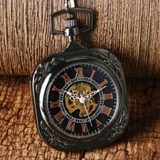 Black Open Face Mechanical Pocket Watch with Chain FOB Watches for Women Men