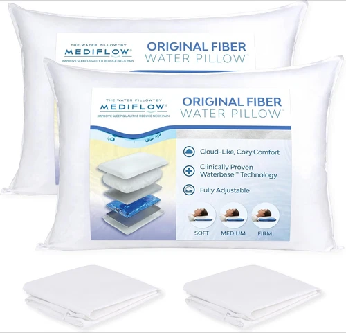 Mediflow Fiber Water Pillow - Adjustable Pillow (2 Pillows, 2 Pillow Protectors)
