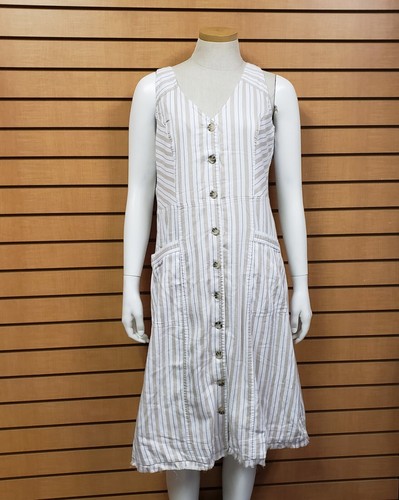 Pure Navy Striped V-Neck Sleeveless Dress Size Medium White And Tan Pockets New