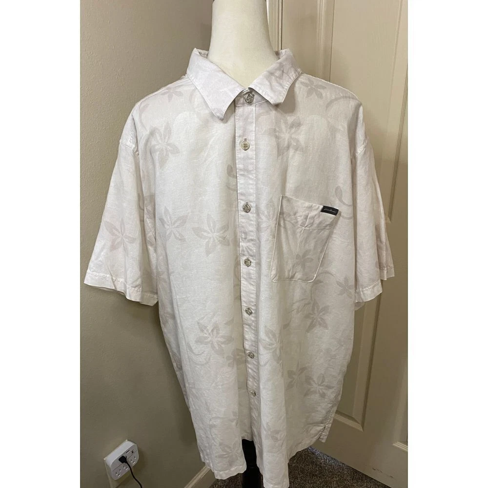 Eddie Bauer White Floral Short Sleeve Button-Down Linen Blend Shirt Size 3XL