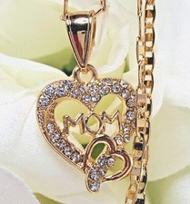 14K Gold Plated Mom Linked Hearts Necklace With Chain 22in Mother's Day 082