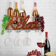Wall Mounted Metal Relax 4 Glass and Bottle Holder Wine Cork Storage Rack 