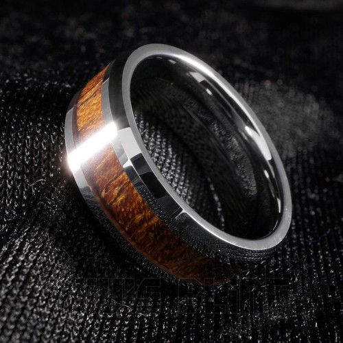 Silver Tungsten Carbide Wood Inlay Bridal Ring Comfort Fit MEN Wedding Band 8MM - Picture 4 of 6