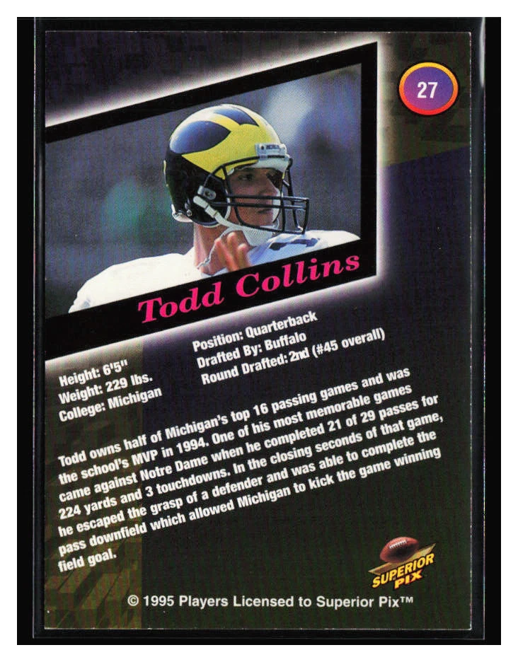 1995 Superior Pix Draft #27 Todd Collins RC - Image 2 of 2