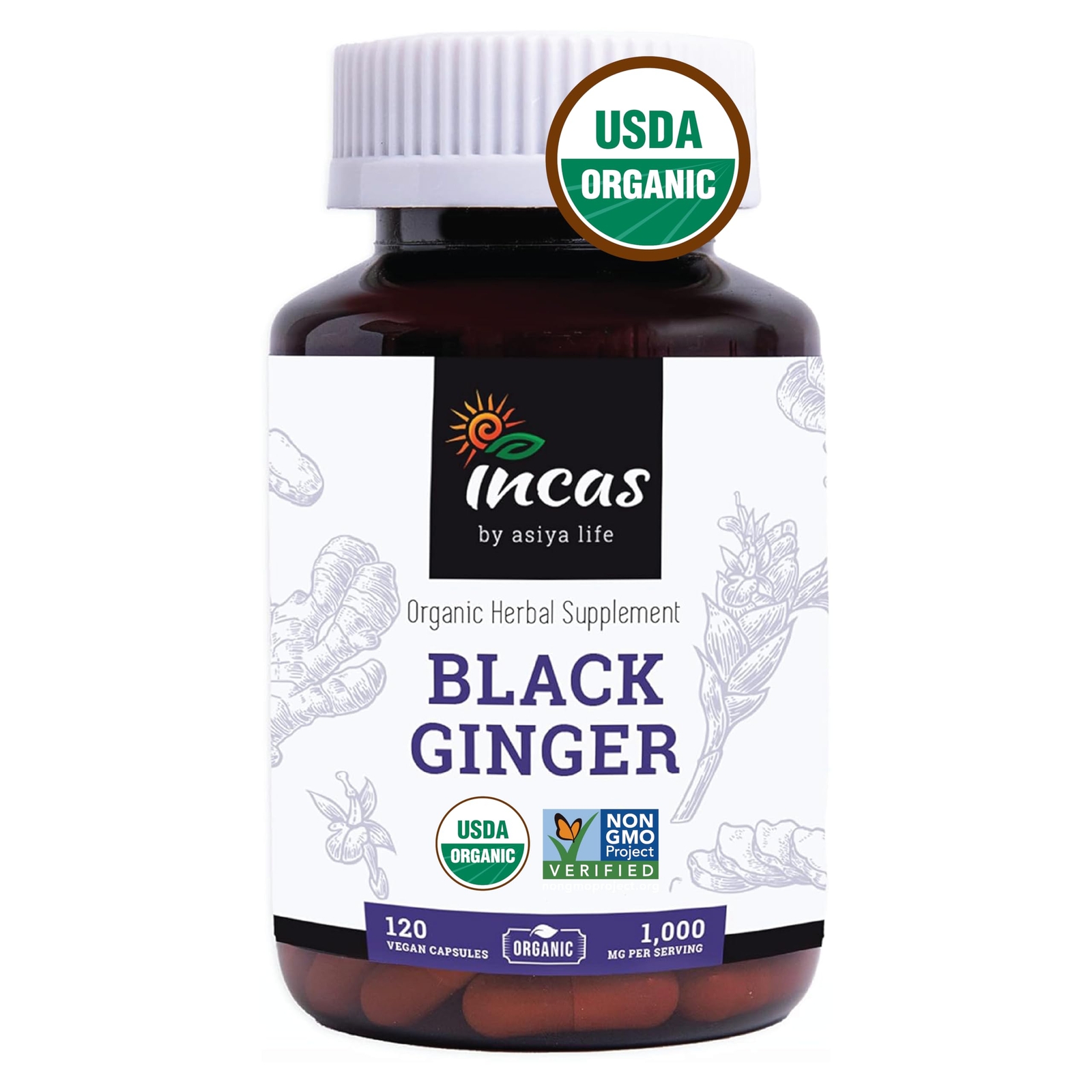 INCAS Organic Thai Black Ginger for Men 120 Vegan 500mg Non GMO Verified | Fi...