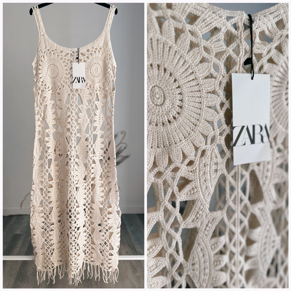 ZARA MACRAM FRINGED KNIT DRESS 2488/008 NWT S