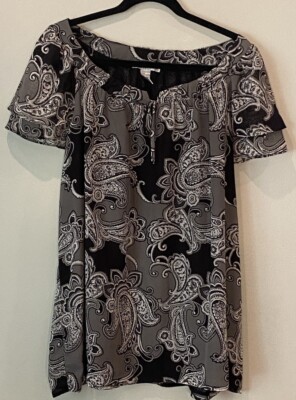 Fred David Paisley Women's Blouse Size 2X Tie Front Lined Flutter Sleeve Top