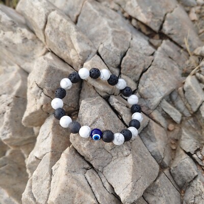 Lava Stone, Howlite & Evil Eye Bracelet   Grounding, Calming & Protection Jewelr