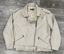 Missguided Oversized Boyfriend Biker Belted Faux Leather Jacket Size 12 Cream