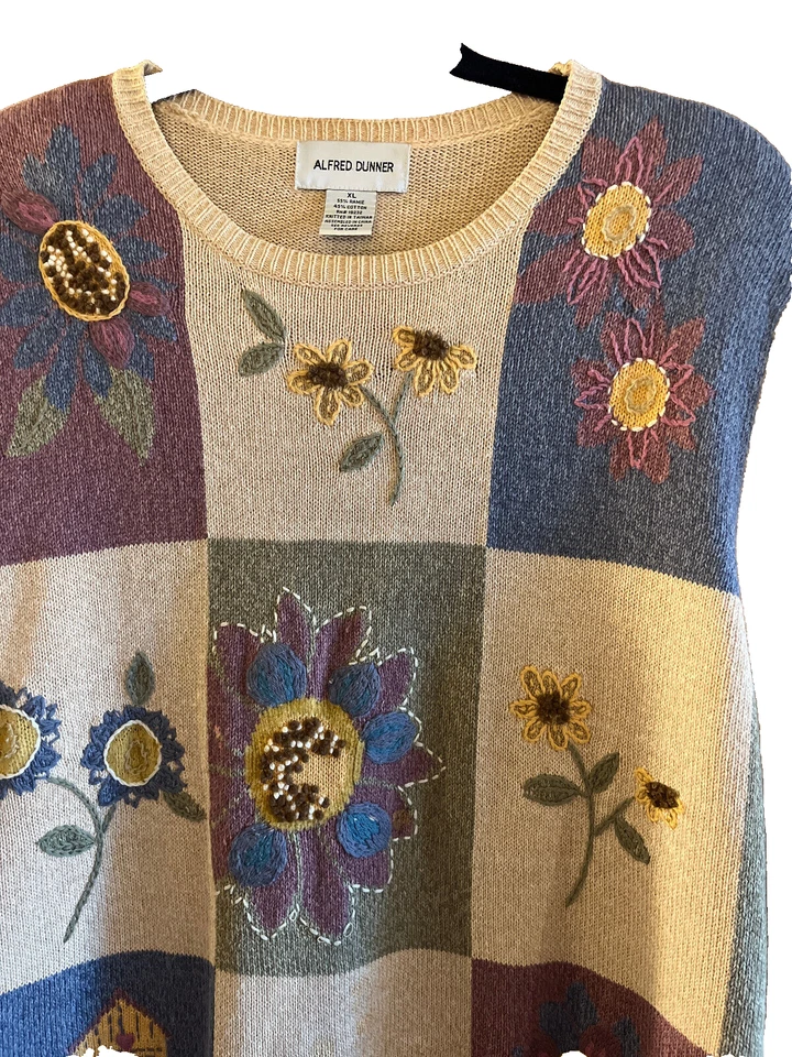 Женский свитер Granny Core Alfred Dunner XL бежевый сине-розовый цвет цветочный блок - Изображение 2 из 4