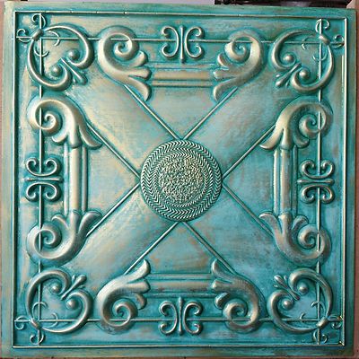 Faux Tin Victoria Ceiling Tile Decor Wall Panel PL22 Washed cyan gold 10pcs