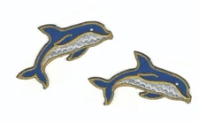 2 pcs Blue Dolphin Patches Metallic Gold Trim Iron-On Sew-On Applique Lot Ocean