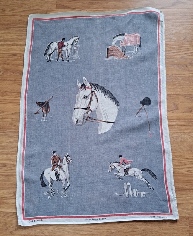 Vintage Old Bleach Pure Irish Linen Fast Colours Equestrian Jumper Theme