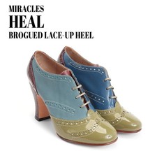Fluevog EXCELLENT Miracles Heal green/blue/burgundy lace-up brogued heels -6.5