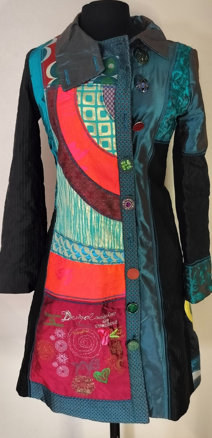 Desigual Patchwork Embroidered Button Collared Mid-Length Coat Women’s 40