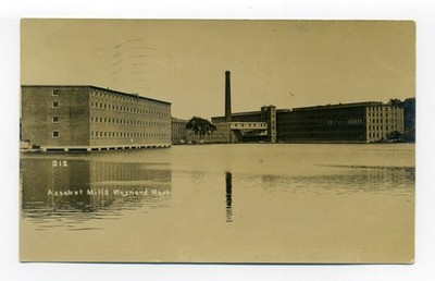 Maynard MA, ''working here'', Assabet Mills, pond, smokestack, 1912  RPPC postcard