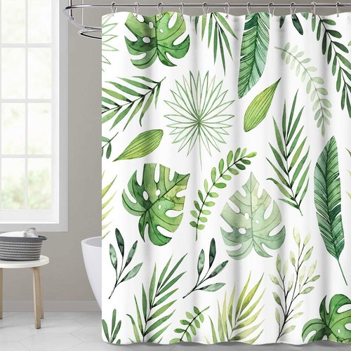 Waterproof Shower Curtain for Bathroom, Tropical Palm Leaf Pattern on White B...